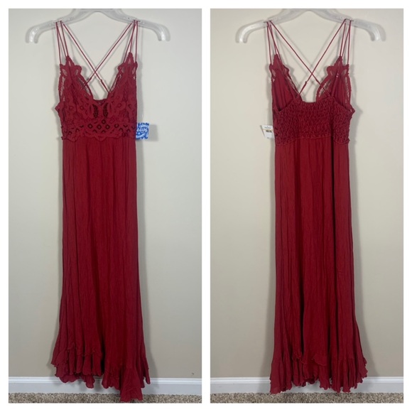 Free People Intimately Adella Lace Detail Strappy Back Maxi Slip Dress Cranberry - Picture 2 of 15
